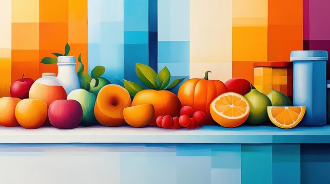 Acrylic painting of a farmer's market scene, kitchen setting, evoking a fresh and vibrant atmosphere
