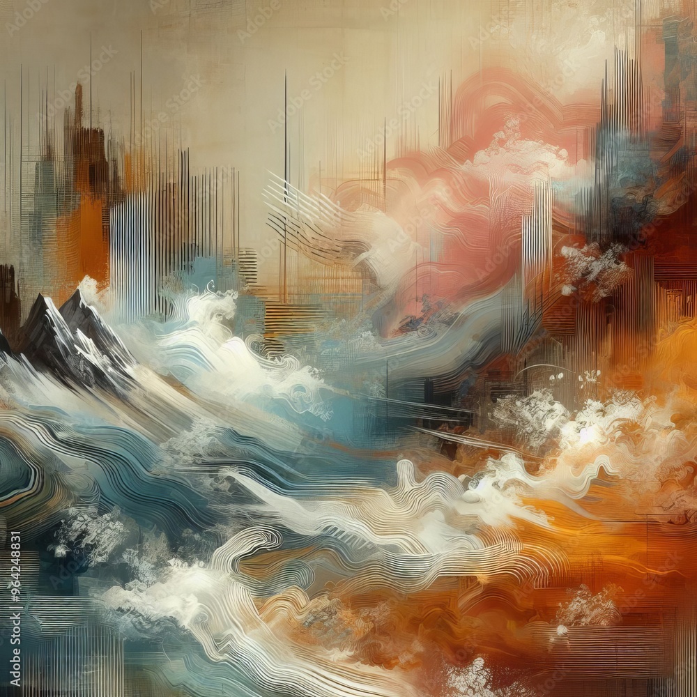 Poster dynamic digital art featuring abstract waves of color in blue, orange, and white, creating a fluid a