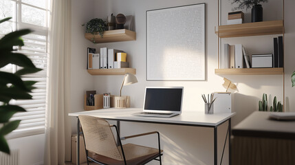 Fototapeta premium A minimalist home office with a clean, white desk, a simple chair, and a laptop, set against a light, neutral background