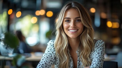 Obraz premium A woman with blonde hair and a white shirt is smiling at the camera. She is sitting at a table in a restaurant