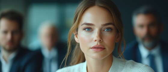 A woman with a blue eye is looking at the camera. She is wearing a white shirt and a blue tie