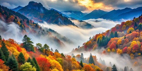 A misty autumn mountainscape featuring vibrant foliage and a tranquil atmosphere