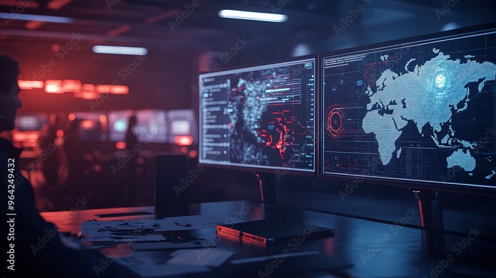 Poster a cybersecurity analyst monitors global networks and threats in a high-tech control room during the 