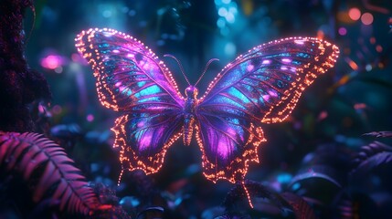 Mesmerizing Neon Butterfly Enchants within Surreal Digital Forest