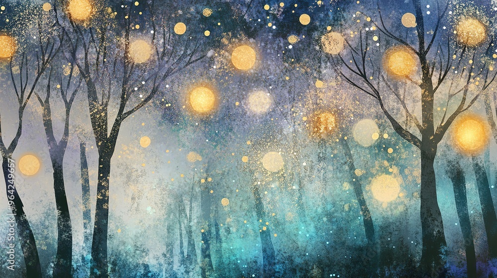 Poster a serene forest illuminated by glowing orbs during twilight hours with ethereal colors and silhouett