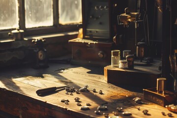 Serene sunlight filters through a window into a vintage workshop, scattered with old watch parts and tools.