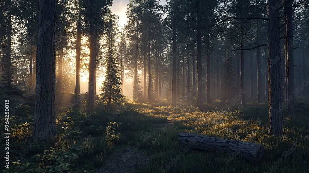 Aufkleber sunlight filters through tall trees in a serene forest during early morning hours creating a tranqui