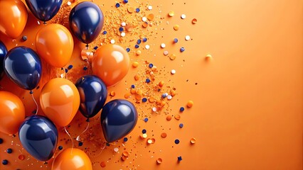 Vibrant and festive stock photo featuring an abundance of orange and dark blue balloons and confetti on a light orange background