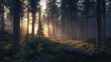 Fototapeta premium Sunlight filters through tall trees in a serene forest during early morning hours creating a tranquil atmosphere