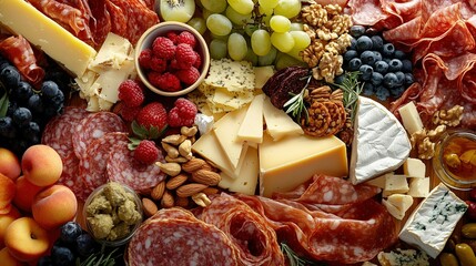 A vibrant assortment of cheeses, cured meats, fruits, and nuts arranged artfully on a wooden platter for a gathering or celebration