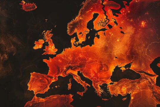 A heat map illustrating high temperatures across Europe, highlighting climate change impact and the severity of rising global temperatures. - Powered by Adobe