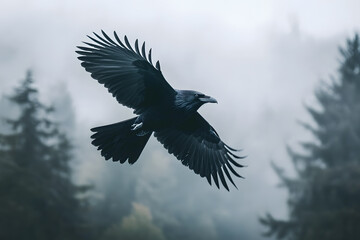Beautiful black raven, crow in flight