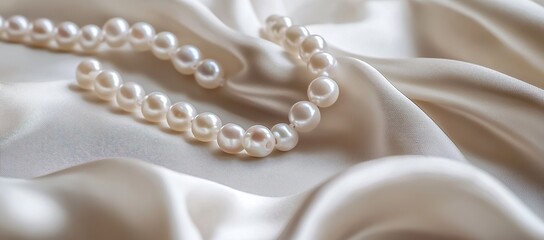 Beautiful white pearl necklace and silk fabric on the table, white background
