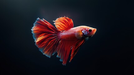 Obraz premium Elegant modern creation featuring graceful ruby red and bright golden betta fish with delicate metallic shimmer on rich black background, professional decor for elegant interior. Realistic photograph,