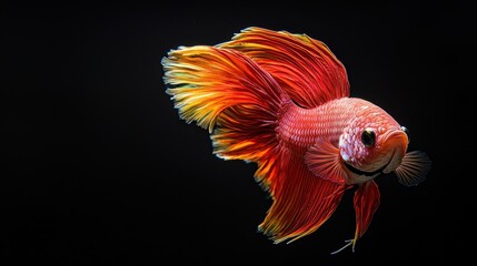 Fototapeta premium Elegant modern painting featuring colorful scarlet and sunny yellow betta fish adorned with fine metallic shimmer against a deep black backdrop, professional wall installation. Realistic photograph,