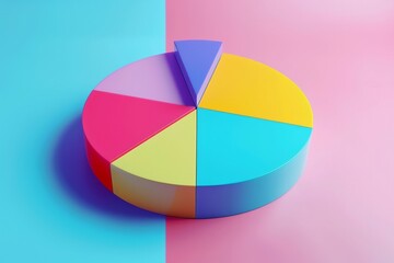 Obraz premium A multi-colored pie chart with each segment in bright hues, set against a split pink and blue background, illustrating dynamic data representation.