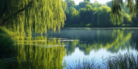 A serene lake with a tree in the background. The water is calm and the reflection of the tree is visible