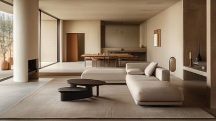 Fototapeta premium A modern open-plan living and dining area with a seamless flow, featuring neutral colors, minimalist furniture, and a large rug defining the living space