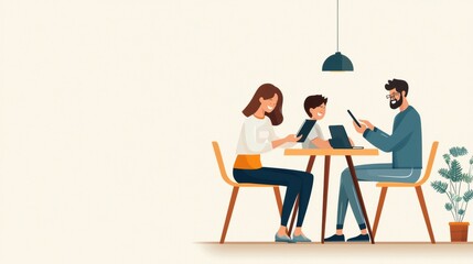 Family at dinner, all with digital devices, the ethical impact of technology on relationships, flat design illustration