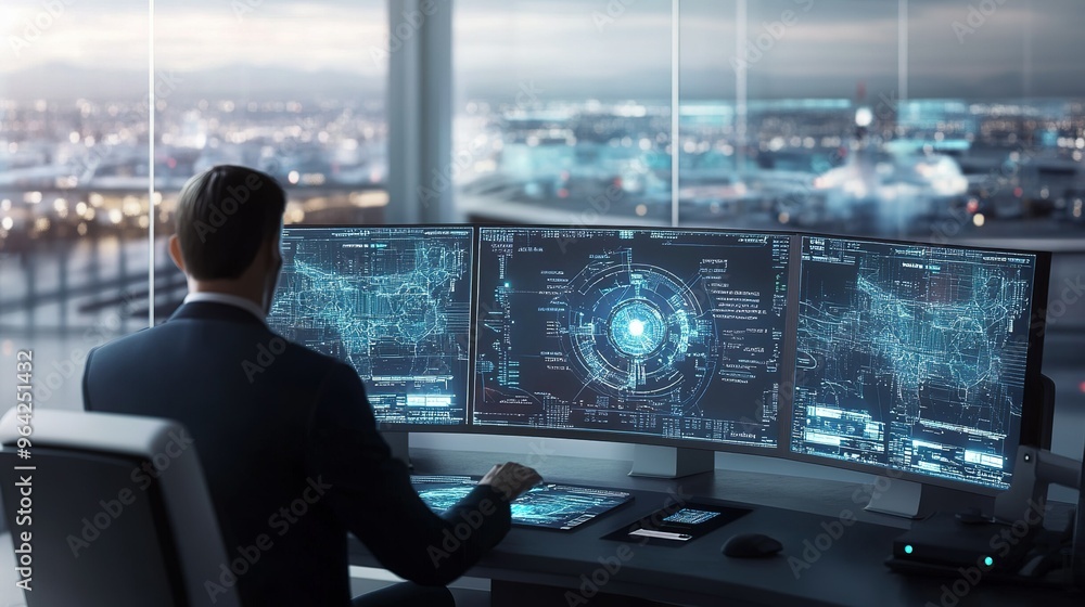 Poster business professional analyzing data on multiple screens in a modern office with a city view during 