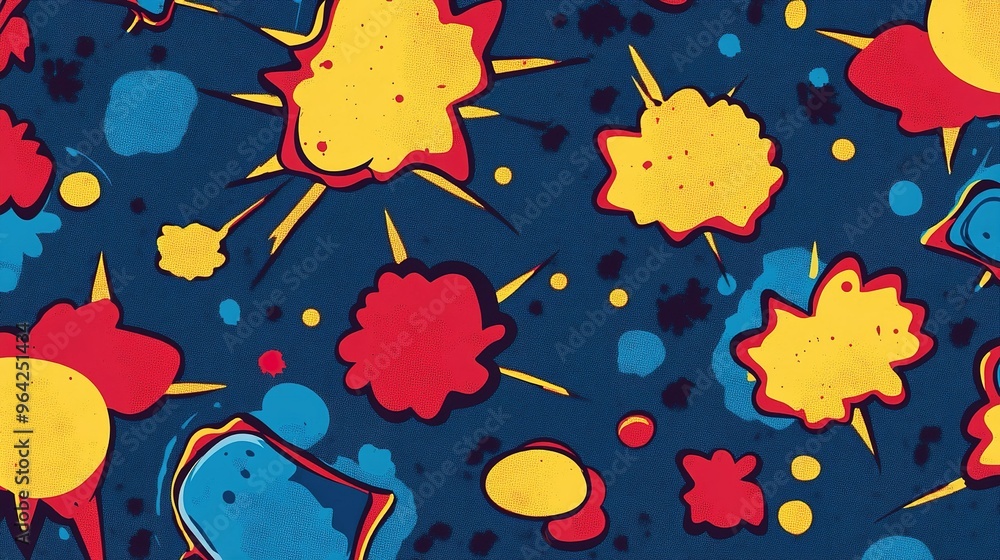 Poster vibrant abstract pattern featuring colorful shapes and bursts on a deep blue background, creating a 