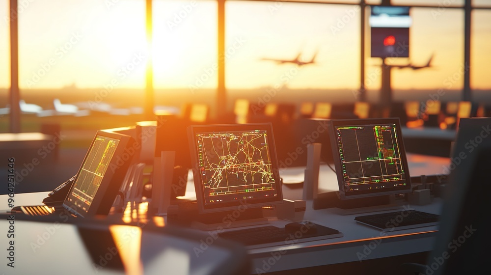 Poster sunset view of air traffic control monitors in an airport with planes taking off in the background d