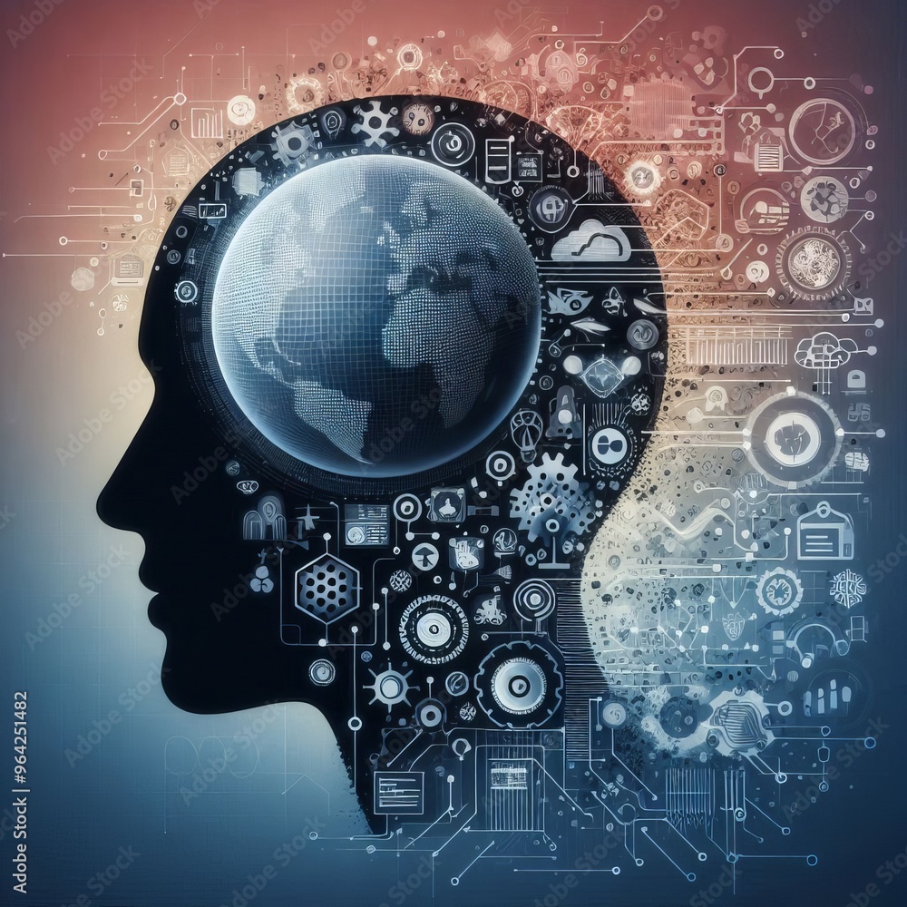 Poster a digital rendering of a human head filled with a globe and various technological elements. this ima