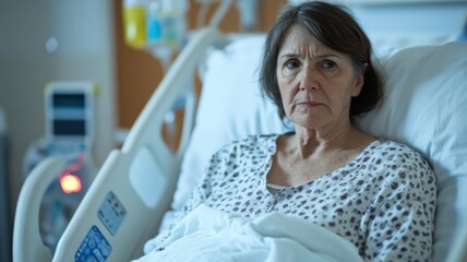 Concerned elderly woman in a hospital bed recovering from treatment
