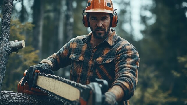 A strong logging worker with a rugged build wearing heavy-duty work clothes and a safety helmet wielding a large chainsaw