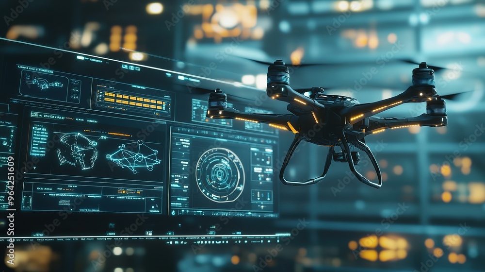 Poster drone hovering near a futuristic control panel in an urban environment during nighttime operations