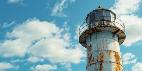 Towering above, the worn lighthouse showcases rusted metal against a vibrant sky, representing coastal heritage and navigation