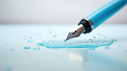 Stylish blue fountain pen on light and wet table close up. Neural network ai generated art