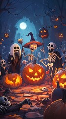 Halloween party with characters like ghost, witch, zombie, pumpkin and skeleton on grim background