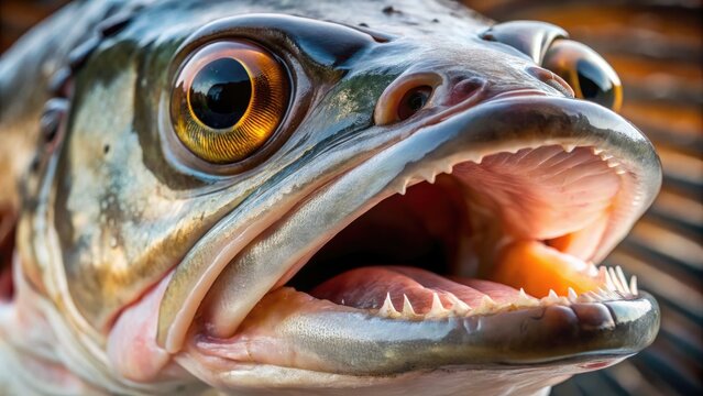 Close-Up Of A Freshly Caught Cazon Fish With Its Razor-Sharp Teeth And Piercing Eyes, Showcasing The Species' Distinct Features.