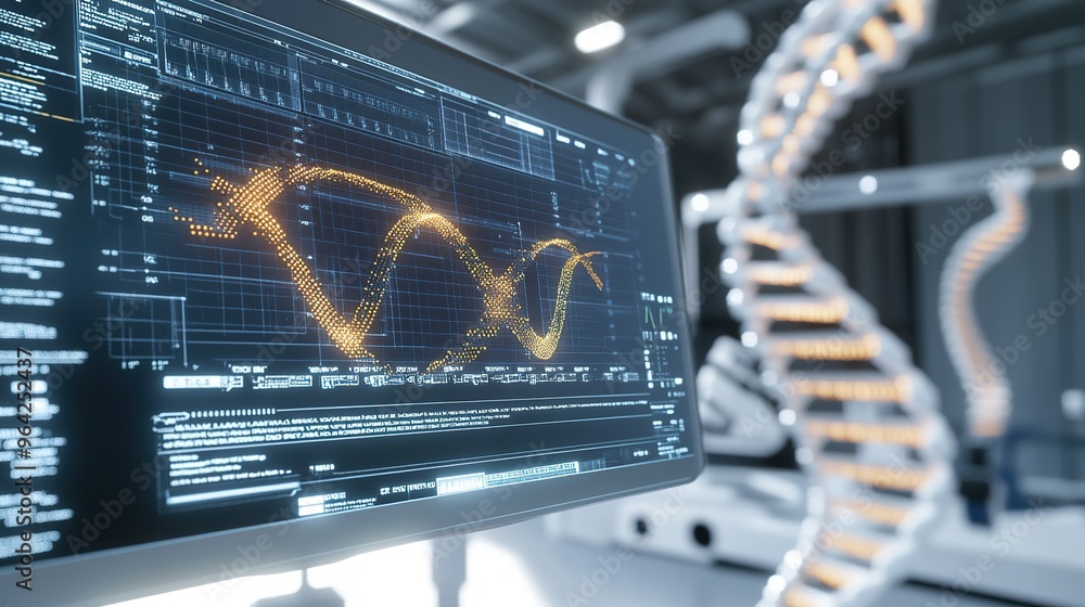 Aufkleber advanced technology displays genetic data and dna structure in a modern laboratory setting, emphasiz