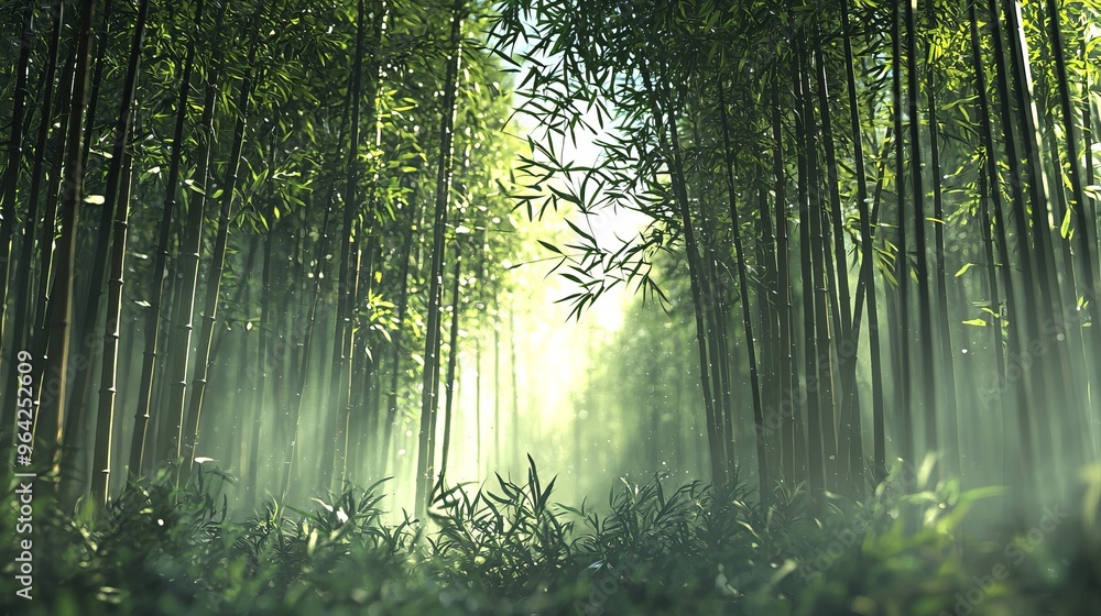 Poster Sunlight filters through a dense bamboo forest, creating a magical atmosphere.