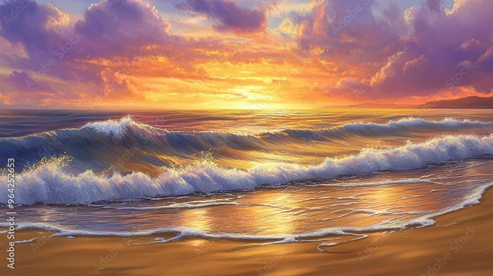 Poster golden sunset over ocean waves reflecting soft light on sandy beach with colorful cloud formations i