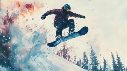Watercolor scene of a snowboarder performing a jump in midair with snow flying around