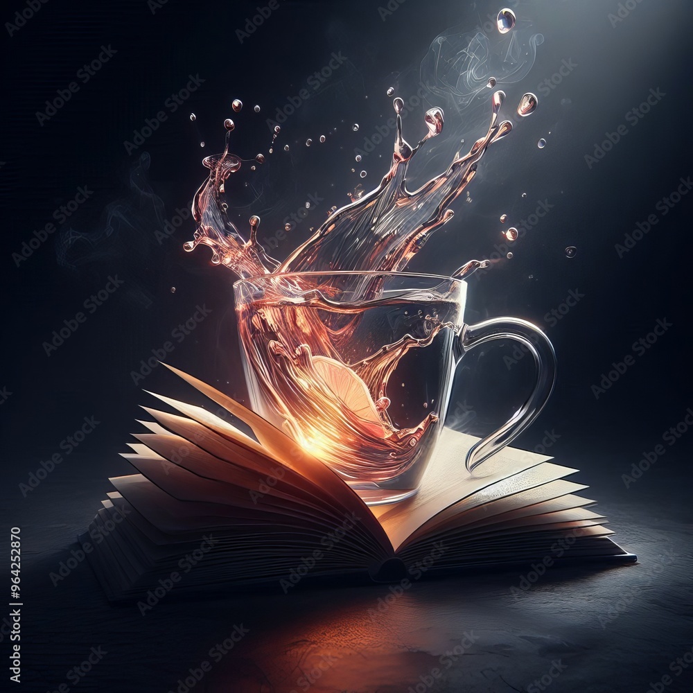 Poster a striking image featuring a splash of liquid erupting from a glass placed on an open book, all unde