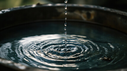 Water droplet creates ripples in a tranquil basin, reflecting soft light and capturing serene moments of nature