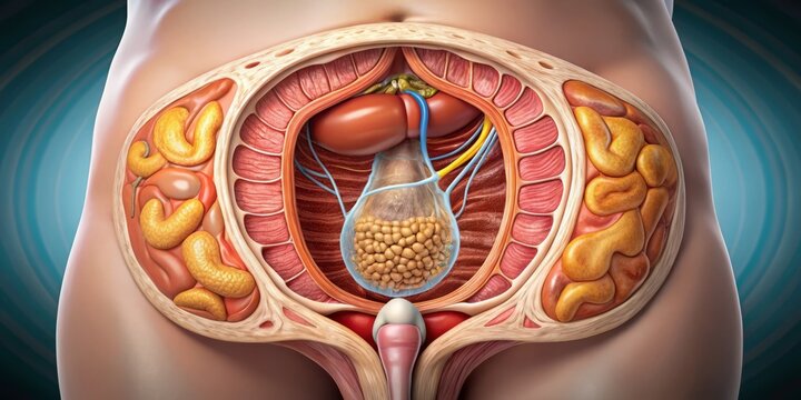 "Glowing light internal abdominal wall cutaway showing herniated sac pushing through umbilical ring, surrounded by fatty tissue and peritoneal membrane"