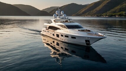 Serene image of a luxury yacht sailing on the sea travelling from one place to another exploring the ocean with it's reflection on the water with mountain ranges background