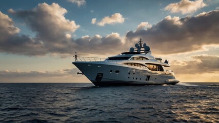 Serene image of a luxury yacht sailing on the calm sea travelling from one place to another exploring the ocean with a dramatic clouds in the sky background during sunset