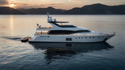 Serene image of a luxury yacht sailing on the sea travelling from one place to another exploring the ocean with it's reflection on the water with mountain ranges background