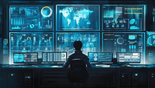 Mann sitzt an einem gro&szlig;en Schreibtisch und beaufsichtigt Monitore