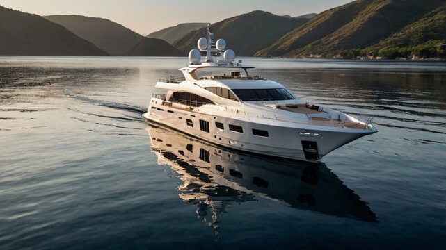 Serene image of a luxury yacht sailing on the sea travelling from one place to another exploring the ocean with it's reflection on the water with mountain ranges background 