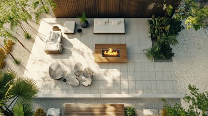 A stylish outdoor area features a central fire pit surrounded by modern seating and vibrant plants, creating a perfect spot for relaxation and social gatherings