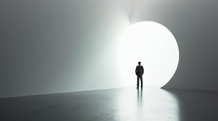 Obraz premium Man Standing at Giant Circular Opening in Minimalist Room, Symbolizing New Beginnings and Opportunities