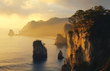 The sun sets over a serene coastal landscape, casting golden light on rugged cliffs and calm waters, with mountains in the background