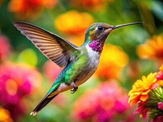 Naklejka premium Close-Up Of A Vibrant Hummingbird Hovering Mid-Air, Its Long Beak Probing A Colorful Flower In A Lush Garden